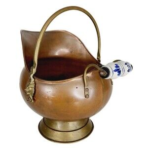 Antique Copper Brass Lion Head Hot Ash Scuttle Bucket Delft Porcelain Handle